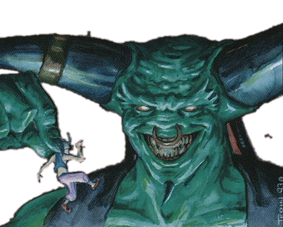 The Juzam Djinn, grinning, holding a tiny man by his horn